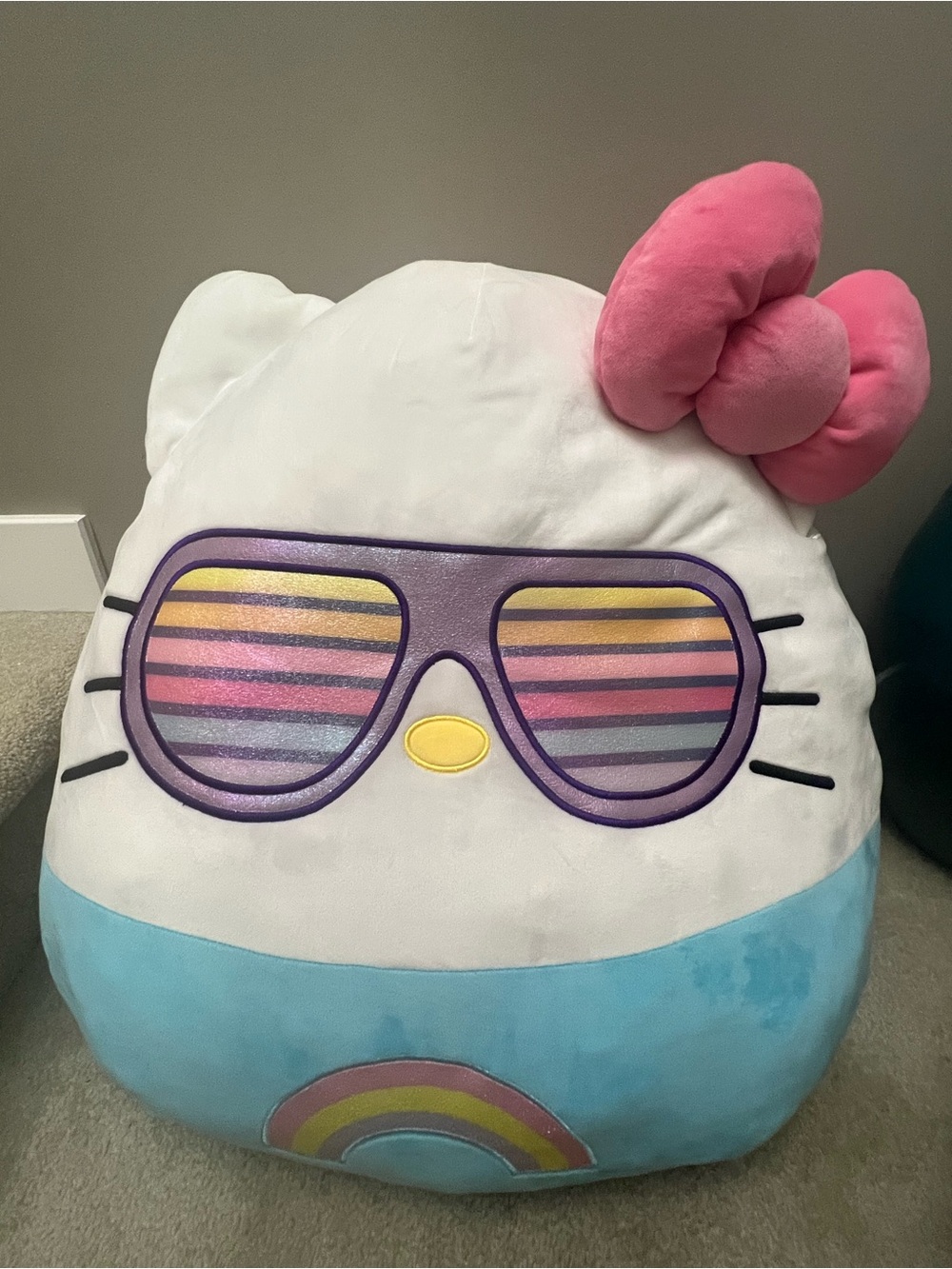 Hello Kitty Plush Pillow with Pink Bow and Blue Base